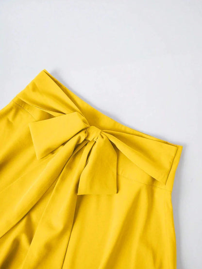 Women's Spring Summer Bright Yellow High Waist Large Bow Detail Flared Midi Skirt Elegant Casual Office Style