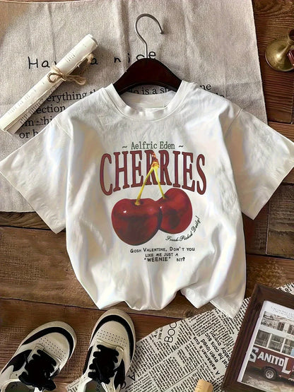 Women's Y2K Cherry Print T-Shirt Cotton Crew Neck Short Sleeve Graphic Tops Tees Loose Fit All-Season Comfort for Outdoor Sports