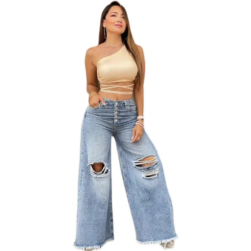 High Waist Retro Loose Hole Wide Leg Pants