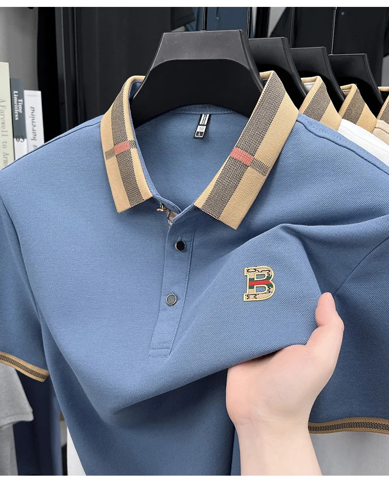 Summer men's light luxury brand letter printed short sleeved T-shirt Polo shirt breathable striped collar business casual top