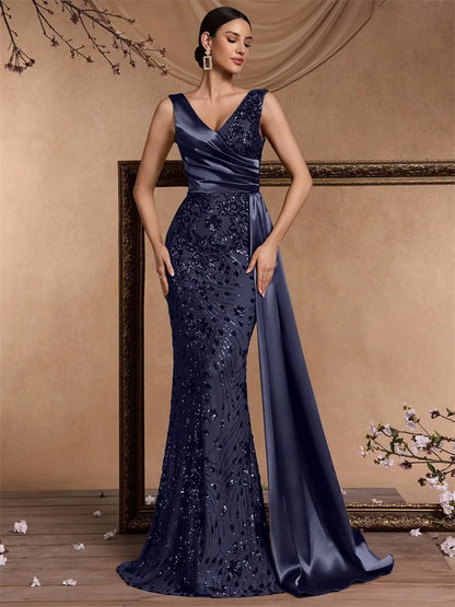 Elegant V-neck Splice Ribbons Sequins Evening Dresses Woman Sleeveless Mermaid Formal Luxury Wedding Party Prom