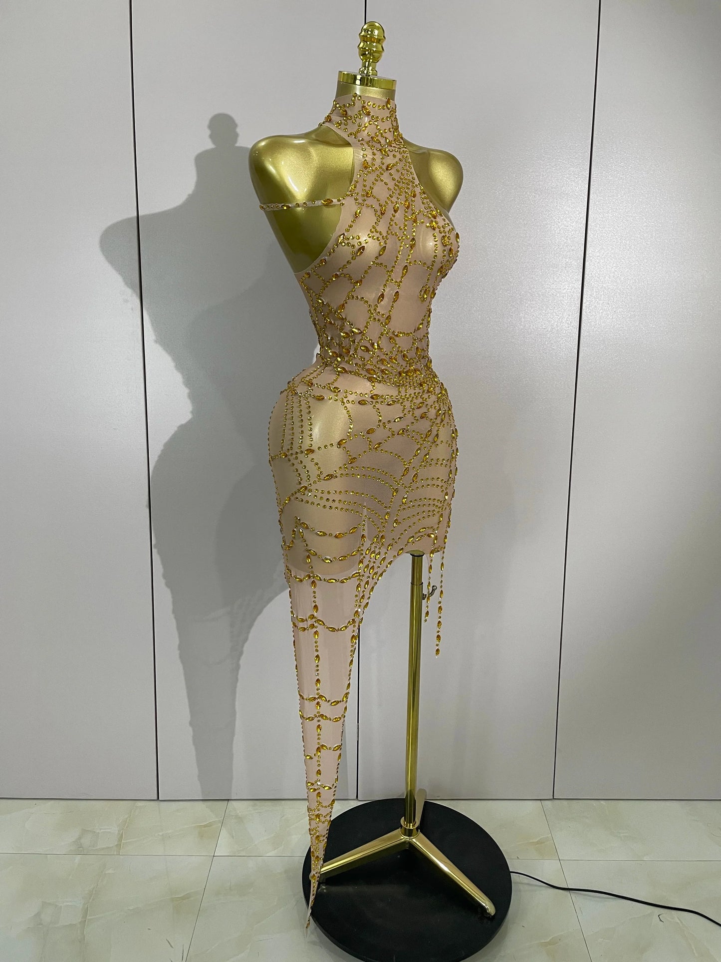 Sparkly Diamond Sexy Mesh Asymmetric Bodycon Mini Dress Women Nightclub Bar Party Show Gogo Dancer Clothing Stage Costume