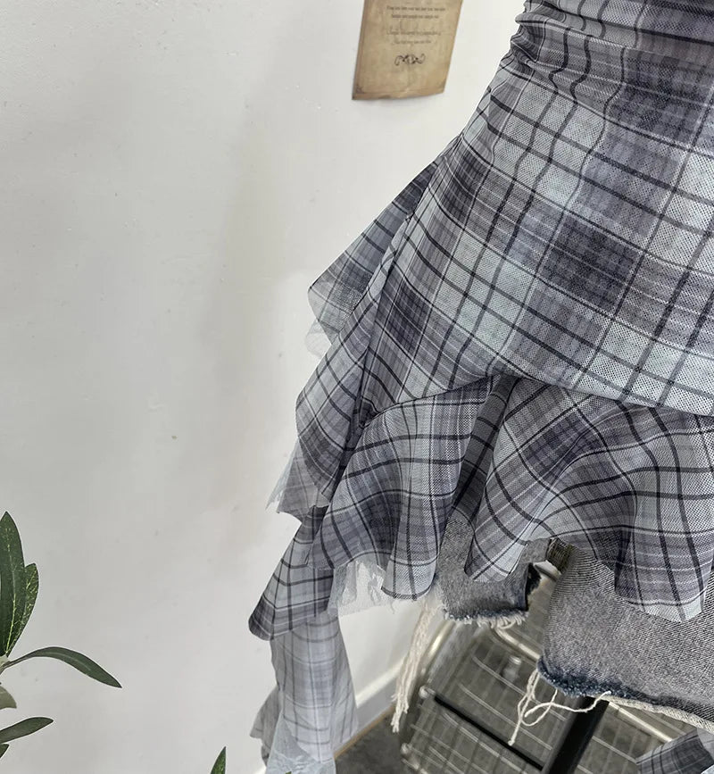 Y2K Plaid Camisole for Women Summer Casual Lace Scarf Breathable Stretch Mesh Patchwork Asymmetrical Ruffle Slim Tops