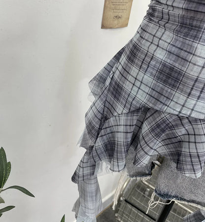 Y2K Plaid Camisole for Women Summer Casual Lace Scarf Breathable Stretch Mesh Patchwork Asymmetrical Ruffle Slim Tops