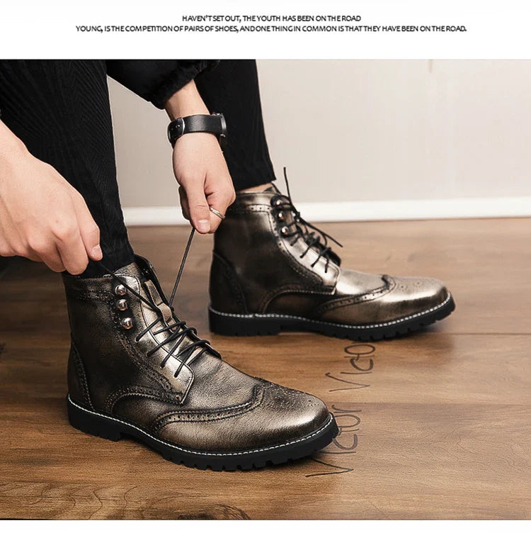 Men Lace-up High Top Brogue Carved Business Boots