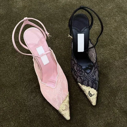 Fashion Lace Sequin Hollow Out Mesh Women Pumps Sexy Pointed Toe Designer Low Heels Slingback Sandals Ladies Shoes