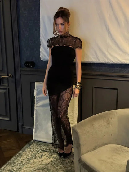 Lace Backless Sexy Mini Dress Women Gown Elegant See Through Turtleneck Sleeveless Bodycon Club Party Dresses Female