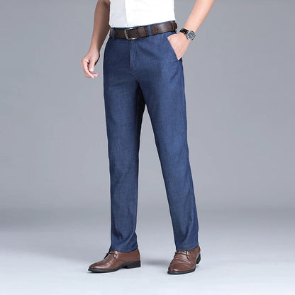 2024 New Men's Summer Thin Jeans Loose Stretch Large Size Ice Silk Straight Pants Elite Business Casual Pants Smoke Gray Blue