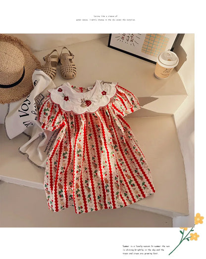 Kid Girl Adorable Short Sleeve Dress Red White Vertical Stripes Bunny Strawberry Print Peter Pan Collar Skirt for Children