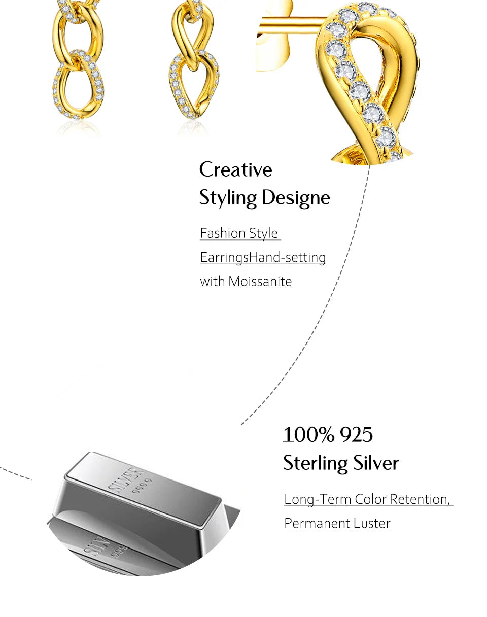 D VVS1 Moissanite Earrings for Women s925 Sterling Silver Chain Link Drop Earring Modern Trendy Statement Party Jewelry