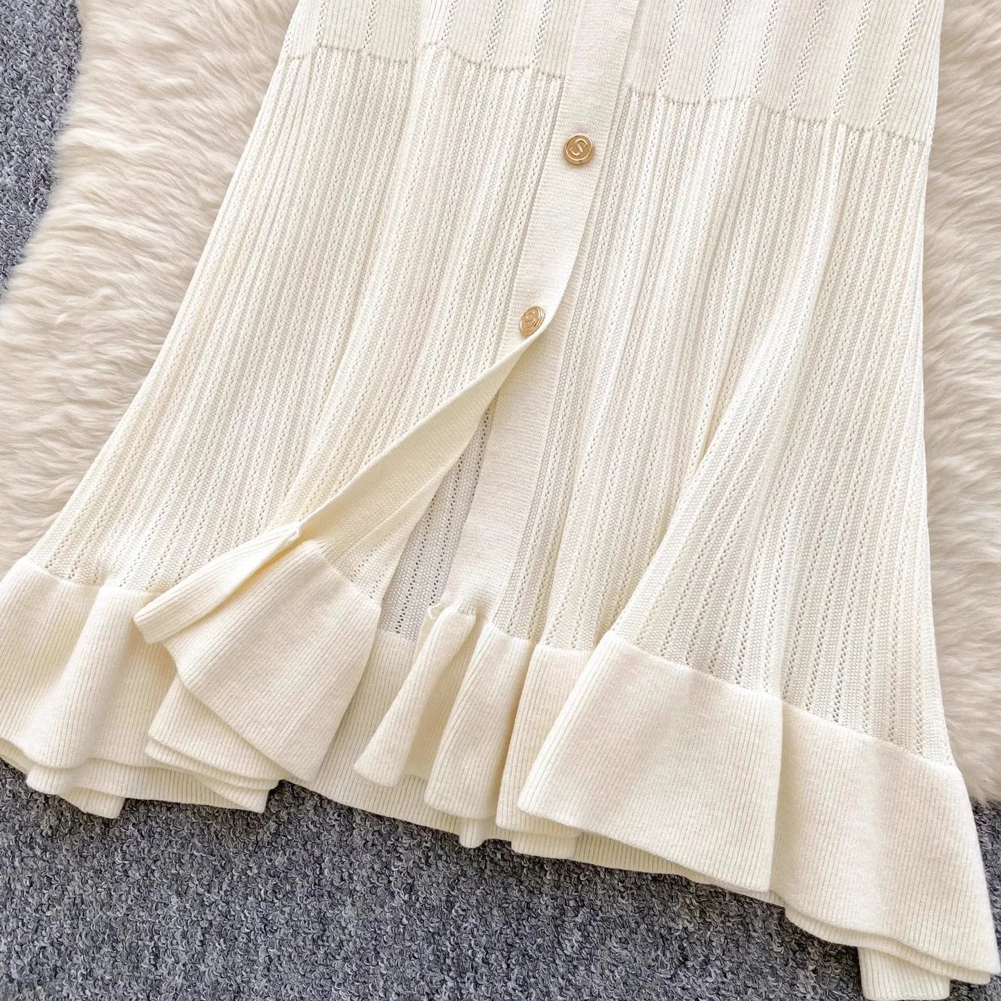Fashion Vintage Knitted Long Dress Spring Summer Women Elegant V-neck Ruffled Bodycon Sweater Dress Party Vestido