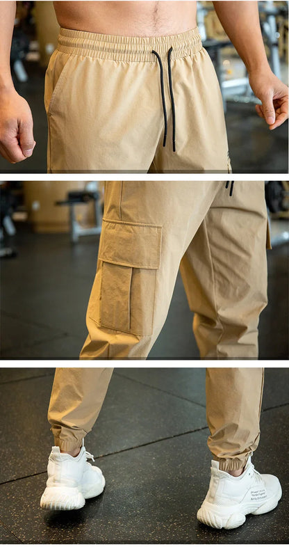 Mens Fast Dry Stretch Long Pants Elastic Waist Casual Drawstring Solid Color Ice Silk for Male Business Fashion Sports Trousers