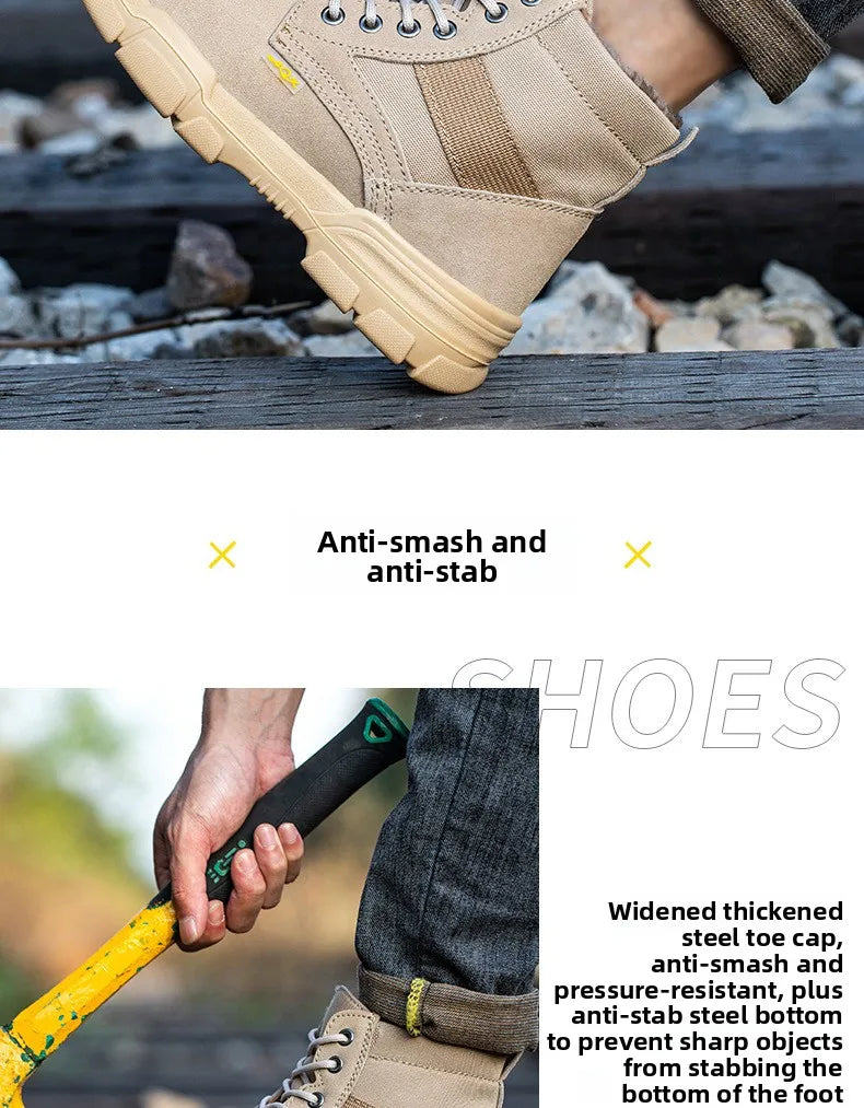 Men's Winter Wool Velvet Cotton Safety Work Shoes High Top Steel Toe Insulated Labor Protection Construction Shoes