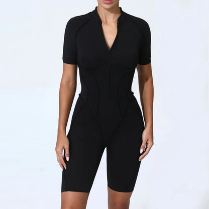 Zipper Short-sleeved Yoga Sports Fitness Jumpsuits Sets Without Chest Pad Tight Bodysuits Shorts Gym Workout Clothes for Women