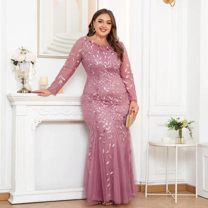 2024 Plus Size Evening Dresses Mermaid O Neck Full Sleeve Lace Appliques  vestidos elegantes  party dress  long