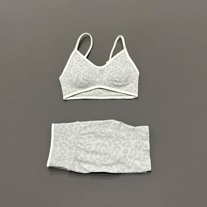 2 Pieces Leopard Print Sports Set Women Seamless Yoga Bra & High Waist Scrunch Butt Shorts Gym Workout Slim Fit Outfit