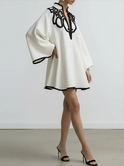 Hollowed V-neck Mini Dress for Women Flared Sleeves A-line Pleated Dress 2025 Stylish Contrast Trims Elegant Party Dress