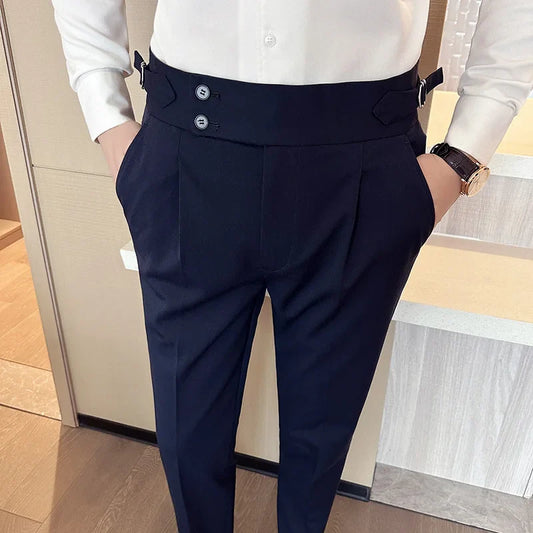 New Spring Autumn High Waist Smart Casual Dress Pants Men Belt Design Slim Suit Pants Formal Wedding Social Party Mens Trousers
