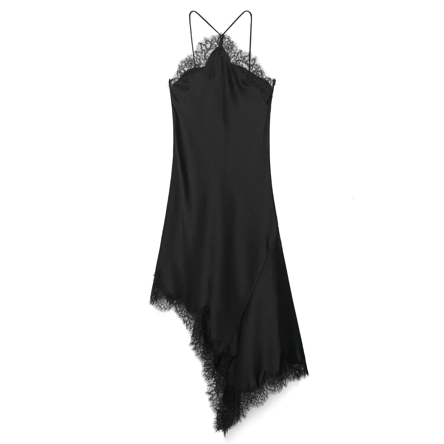 Summer New Product Women's Lace Decorative Satin Texture Strap Sexy Dress with Hanging Neck and Asymmetric Bottom