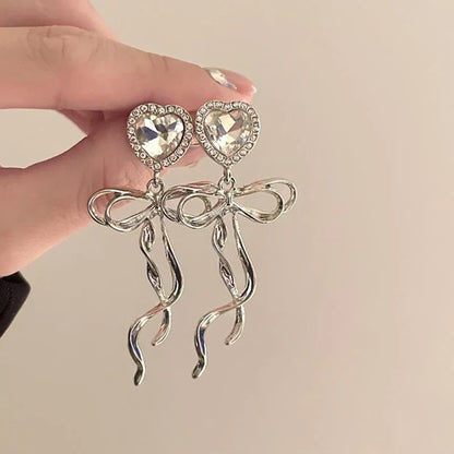 Jewelry Sweet Heart Rhinestone Butterfly Shape Dangle Earrings for Women Silver Color Korean Fashion Y2K Piercing Earring