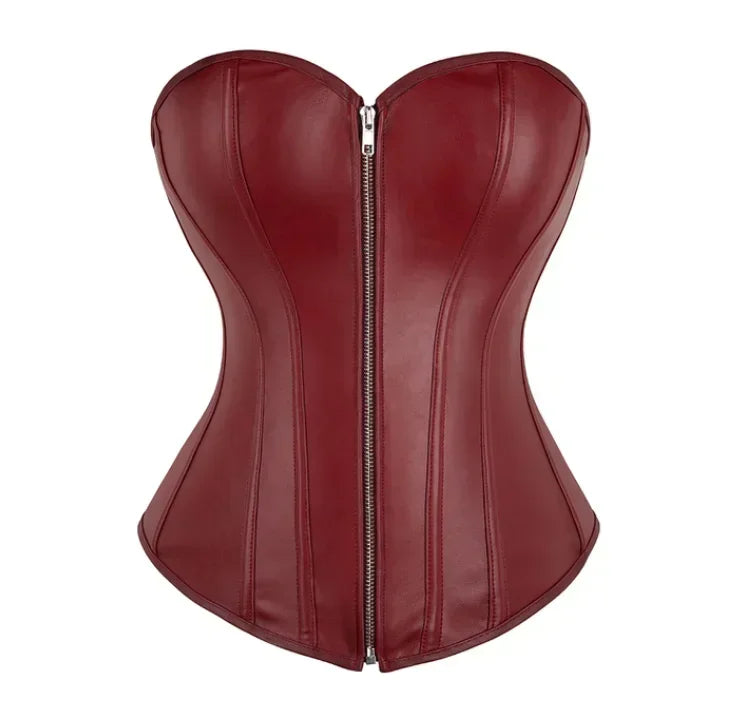 Women Faux Leather Corset Tops Gothic Overbust Lace Up Zipper Strapless Bustier Shaperwear Sexy Clubwear