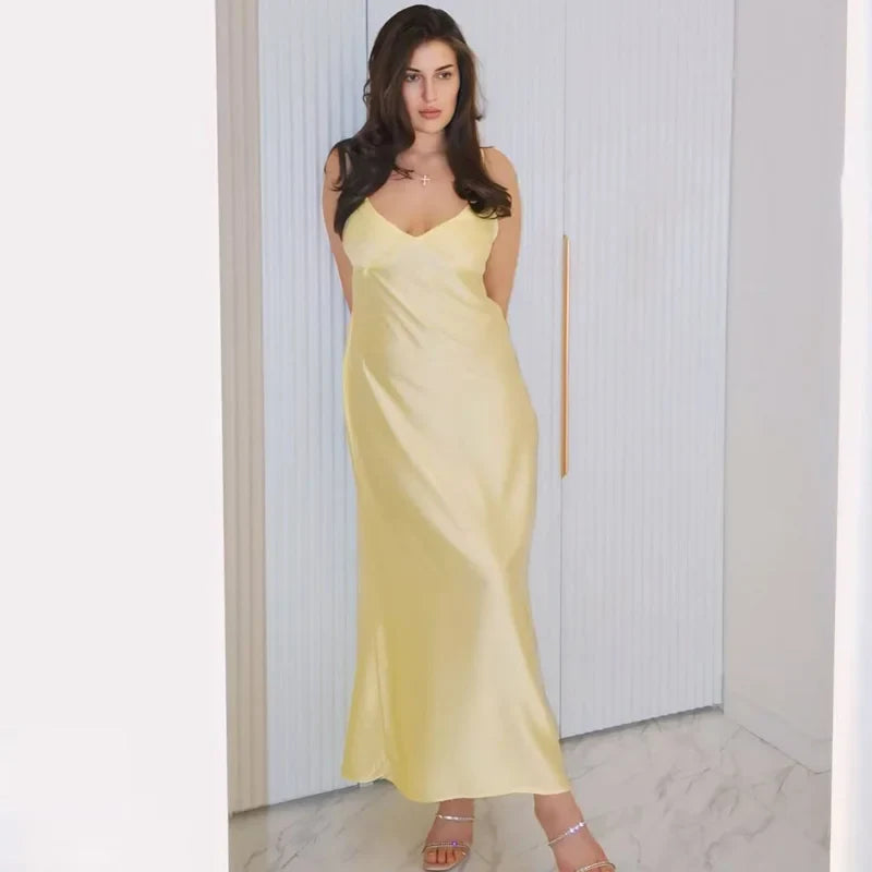 Womens Yellow Slip Dress Summer 2025 Woman Satin V-Neck Party Dresses Elegant Evening Sleeveless Backless Long Vestidos 066