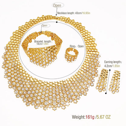 Shiny White Zircon Jewelry Set Italy Nigeria Wedding Jewellery 18K Gold Plated Big Necklace Bracelet Long Drop Earring