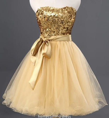 Champagne Women's Sequin Tulle Homecoming Dresses Strapless Sweetheart Neck Short Prom Cocktail Party Gowns for Teens