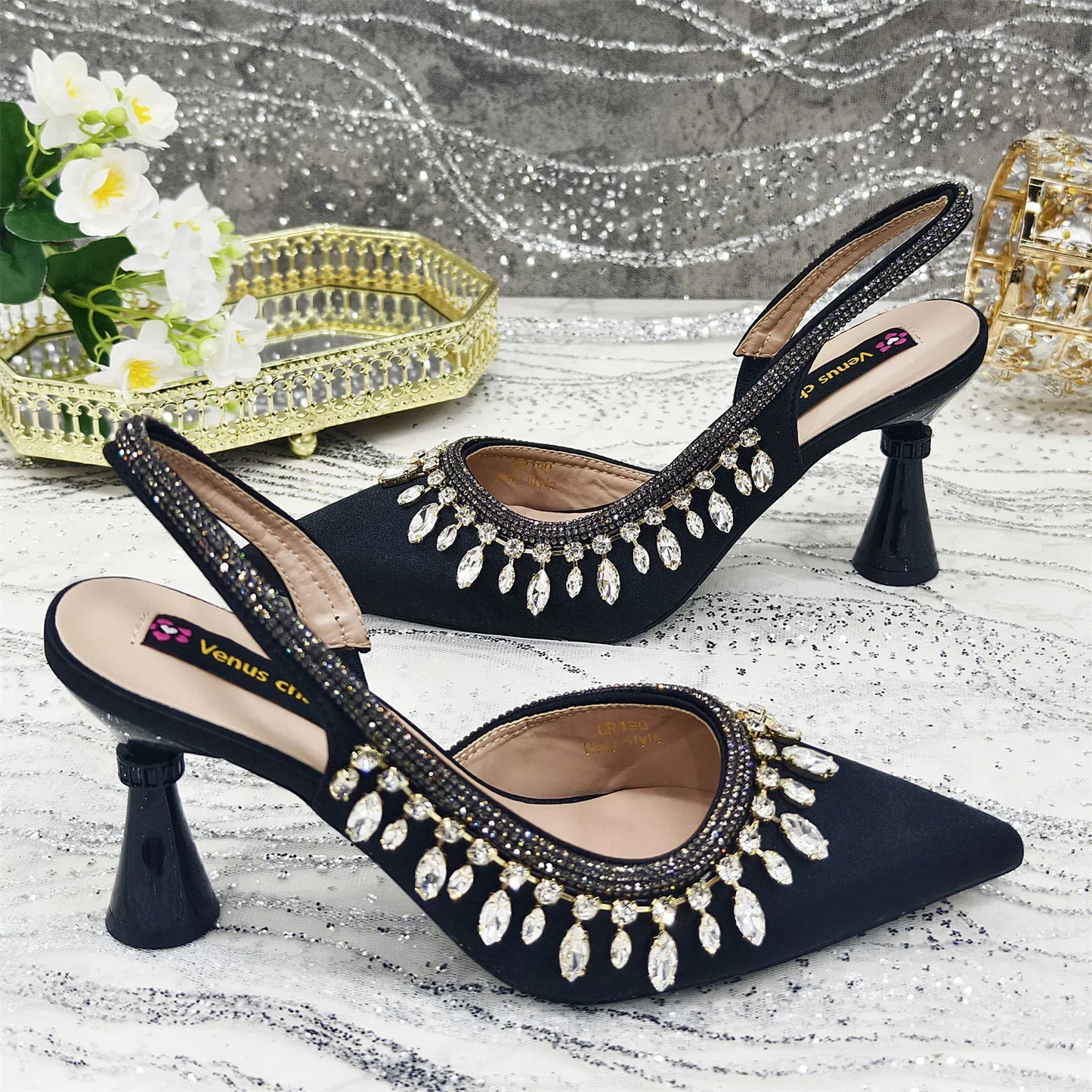 Pointed-Toe High Women Heels Shoes and Bags for Women Rhinestone Evening Party Elegant Luxury Handbag