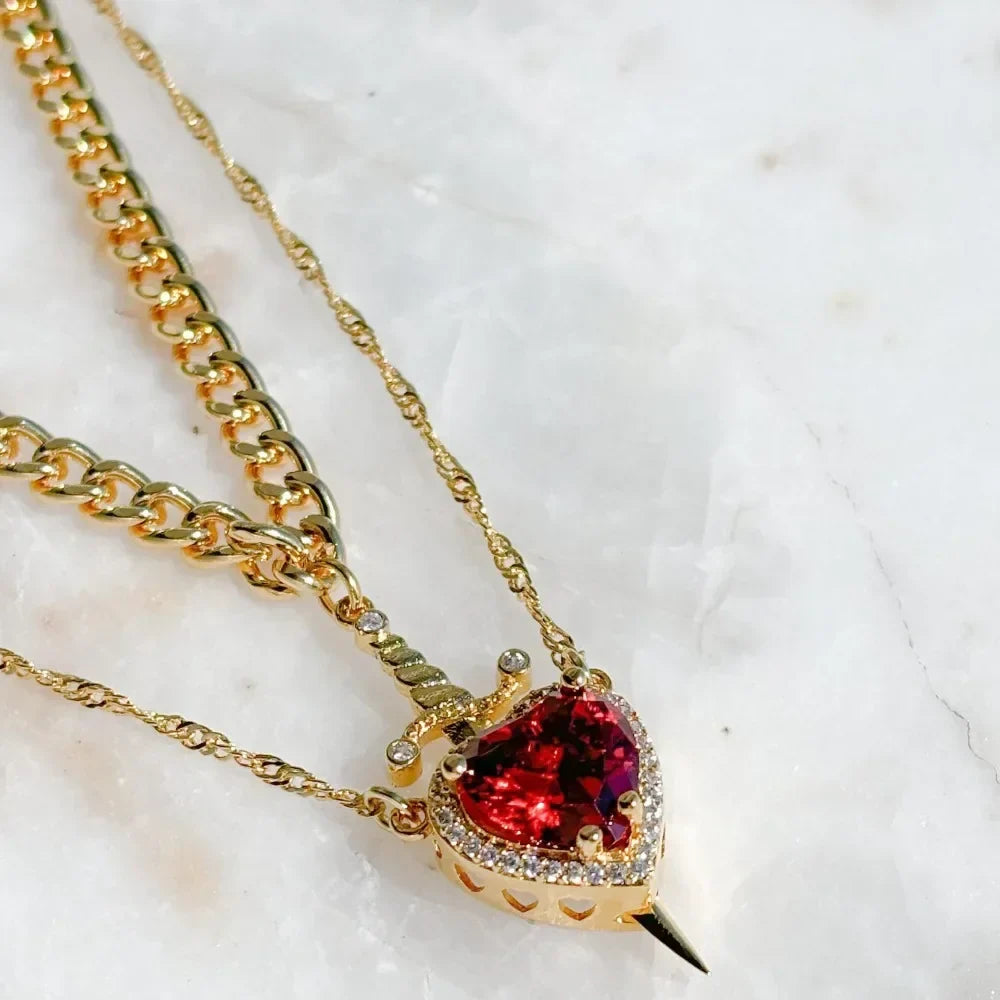 Couple Necklace Heart and Sword Pendant Necklace for Women Gothic Punk Romantic Valentine Day Jewelry Gifts Accessories