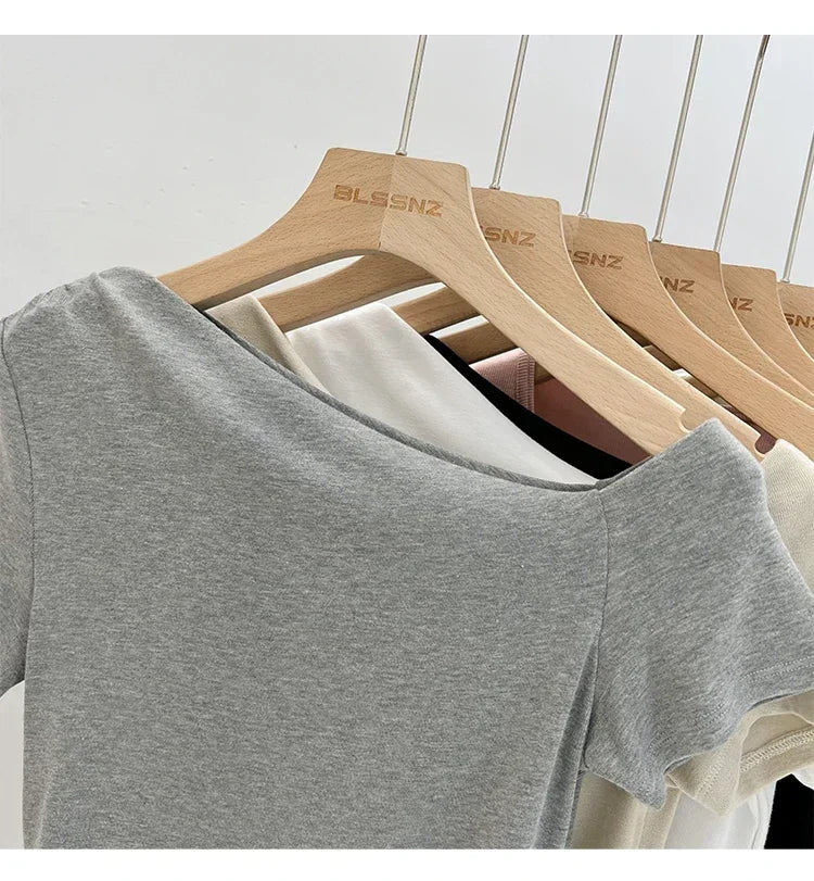 Womens Long Sleeve Off Shoulder T Shirts 2026 Tight Knit Sexy Slim Fitted Casual Women's Basic Tops Cropped T-Shirt