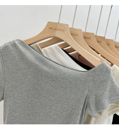 Womens Long Sleeve Off Shoulder T Shirts 2026 Tight Knit Sexy Slim Fitted Casual Women's Basic Tops Cropped T-Shirt