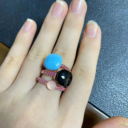 Conjunto de 3 anéis empilháveis ​​Nudo para mulheres, conjunto com cores mistas, cristais tipo bala incrustados, zircônia, ametista, topázio azul, joia redonda, presente