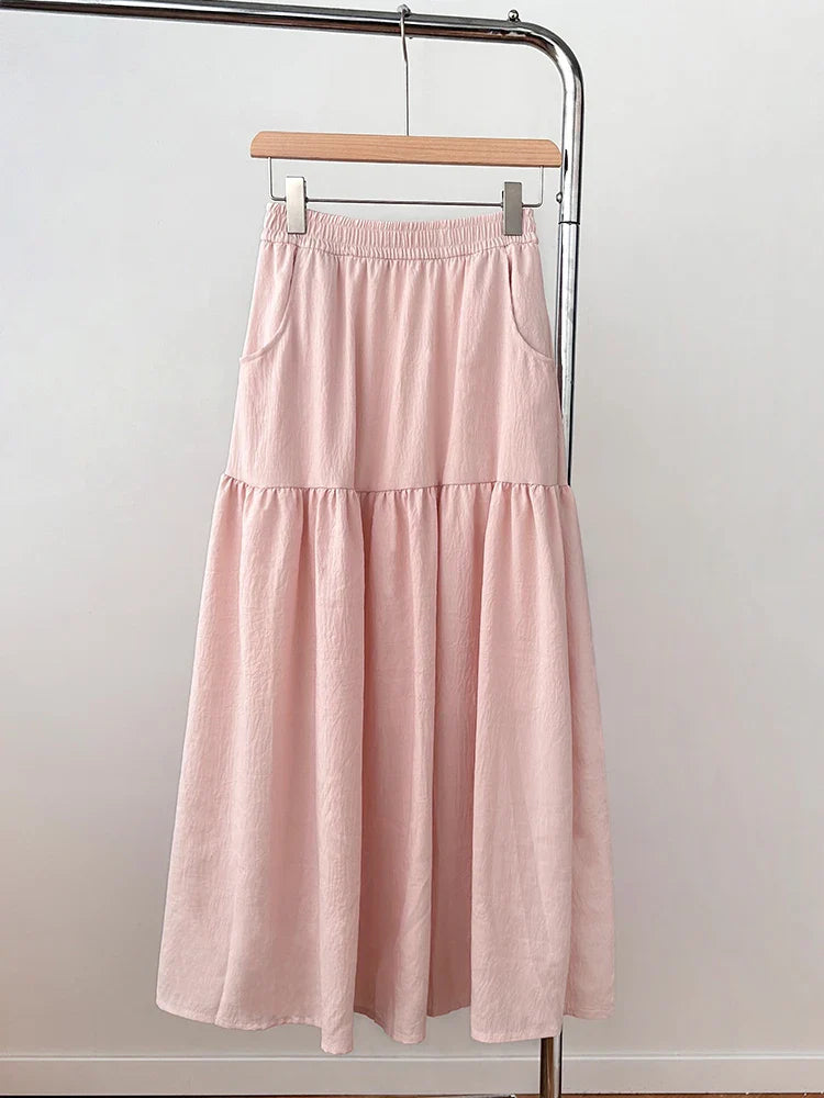 Women's Summer Effortless Chic Midi Skirt - Korean Flowy Big Hem Voluminous Ruffle Cake Skirt
