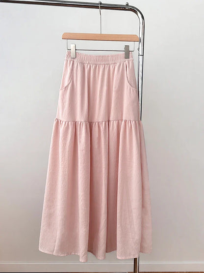 Women's Summer Effortless Chic Midi Skirt - Korean Flowy Big Hem Voluminous Ruffle Cake Skirt