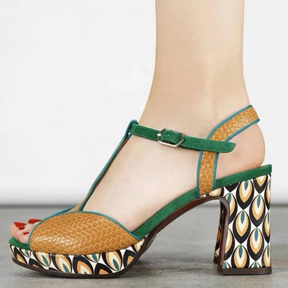 Genuine Leather Shoes High Heels Women Luxury Platform Sandals Thick Heels Designer Square Ladies 36-44