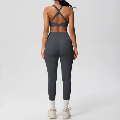 Women 2pcs Patchwork Sport Yoga Suit Training Sleeveless Sport Gym Tops  Tummy Control Slimming Booty Leggings Yoga Suit Sports