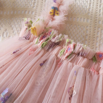 Outdoor Summer Cute Princess Dress Toddler Baby Girls Embroidery Flower Suspender Mesh Dresses Birthday Party Princess Dresses
