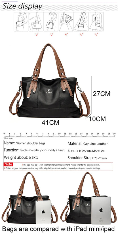 100% Cow Leather Handbag Women Genuine Leather Shoulder Bags Natural High Quality Cowhide Crossbody Large Capacity Messenger Bag