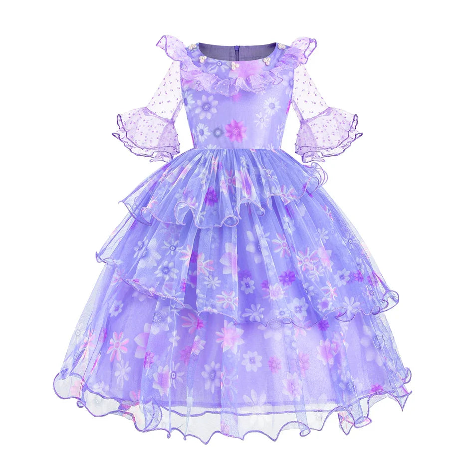 Encanto Isabela Costume Dress For Kids Girl Flare Sleeve Princess Dress Fiower Gown Halloween Christmas Birthday Party Outfits