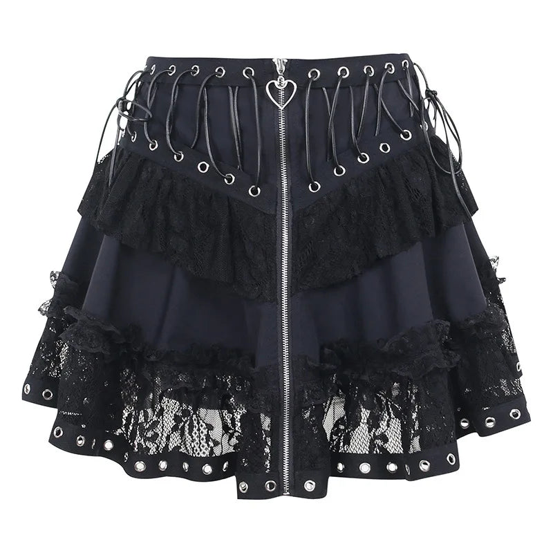Gothic Skater Punk Vintage High Wasit Skirt Women's Zipper Front Japanese Style Kawaii Black Harajuku Cosplay Mini Skirts