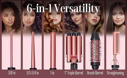 Curling Iron Set 6-in-1 Hair Curler with 3 Barrel Hair Crimper, Hair Straightener - Waver Heating Styling Tools for Women