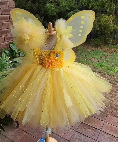 Girls Yellow Glitter Flower Fairy Dress Kids Butterfly Sparkled Tutus with Wing and Hairbow Children Party Costume Dress Outfits