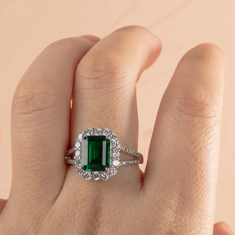 Luxury  sterling silver ring for charm lady with green emerald gemstones wedding fine Jewelry gift size 6-10