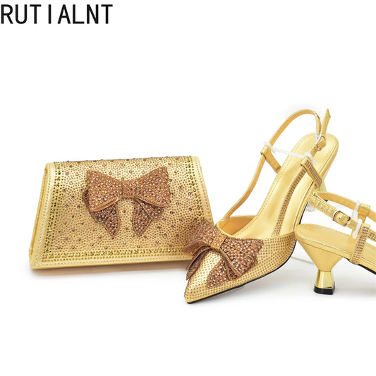 Italian Shoe and Bag Set Designer Wedding Luxury Italian Shoes and Bag Set for Women Full Rhinestone Party Pumps