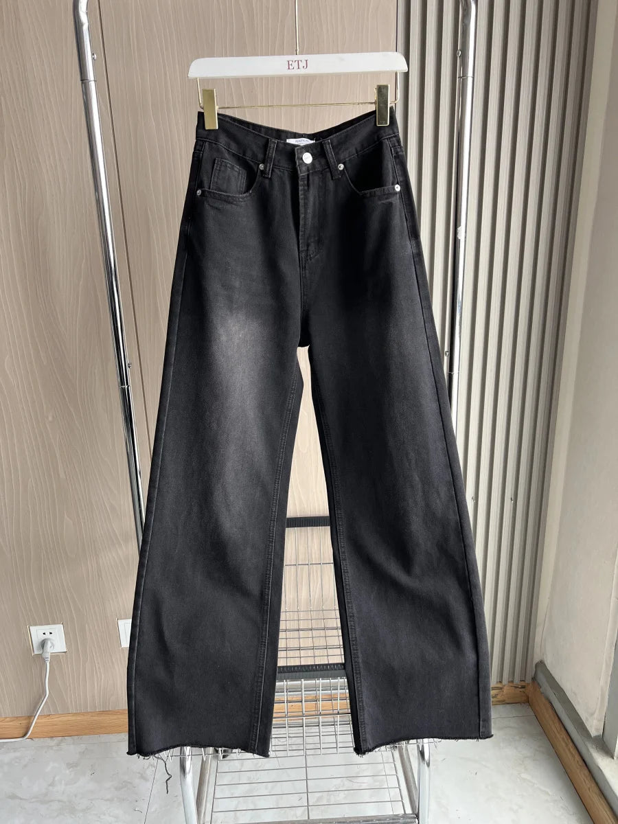 ETJ Wide-leg high-waisted jeans  women's classic everything with five pockets washed soft comfortable ultra-long jeans6045022