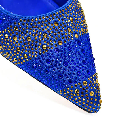 High Heels Shoes for Women Embroidery Rhinestone Italian Design Gold Color Pointed Toe Shoes and Bags Set Fashio