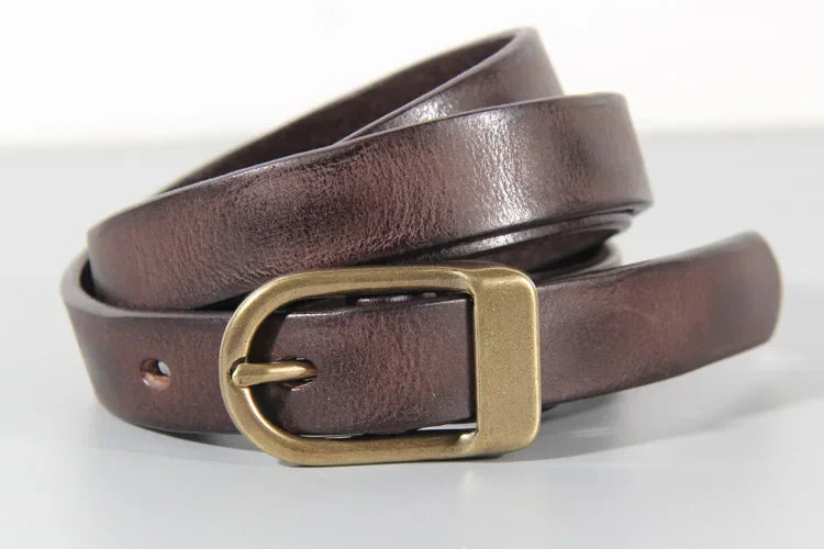 Retro Narrow Cowhide Women's Belt Pure Copper Button Top Cowhide All-match Casual Jeans Belt High Quality Luxury Women Belt