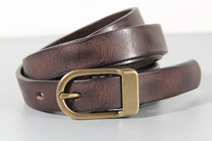 Retro Narrow Cowhide Women's Belt Pure Copper Button Top Cowhide All-match Casual Jeans Belt High Quality Luxury Women Belt