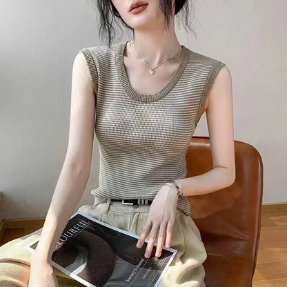 2026 Spring Summer O-Neck Striped Vest Top Simple Slim Fit Sleeveless Casual Versatile Women's Tank Top